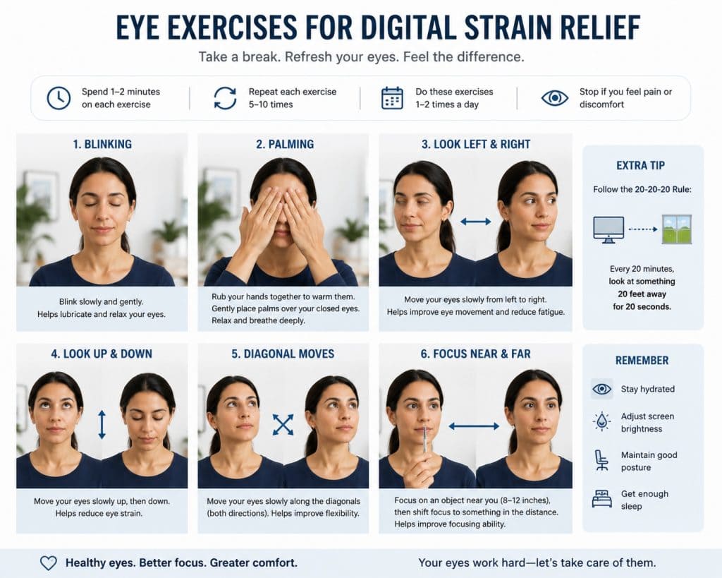 Digital Eye Strain: How to Protect Your Eyes from Screen Fatigue 8 Demonstration of eye exercises for digital strain relief