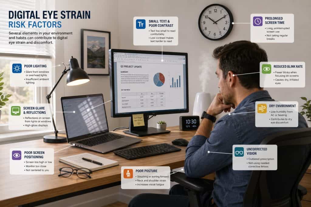Digital Eye Strain: How to Protect Your Eyes from Screen Fatigue 4 Digital Eye Strain Risk Factors Guide