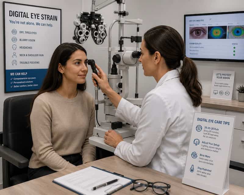 Digital Eye Strain: How to Protect Your Eyes from Screen Fatigue 7 Eye care professional examining patient for digital eye strain